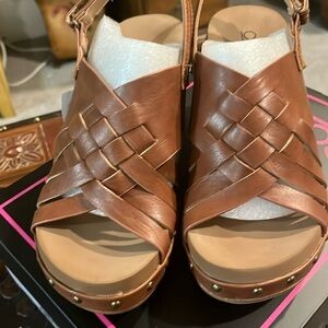 Corkys, tobacco colored leather sandals, wedged heel
